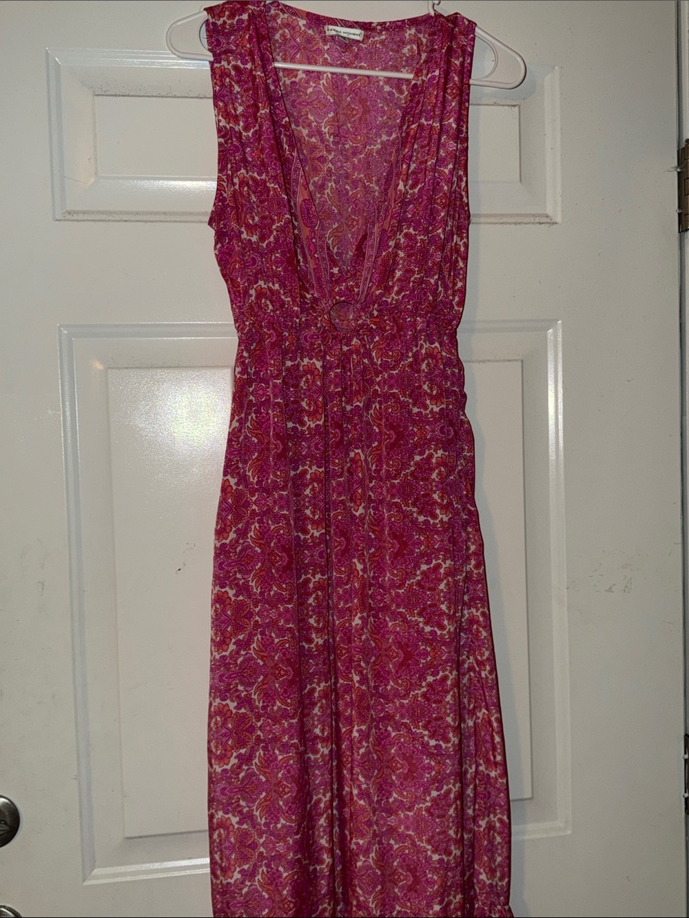 Karma Highway Sleeveless Fuchsia Paisley Maxi with V-Neck and circle cut out